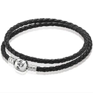 Pandora Black Braided Leather Double Wrap Bracelet Sterling Silver Clasp 15in